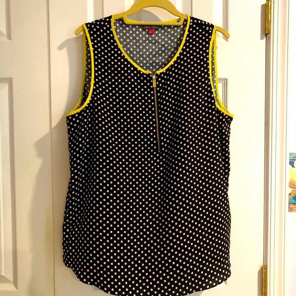 New Vince Camuto shell top.  Size L.  Black, white polka dots, yellow borders.